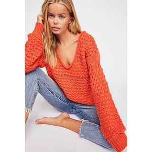 Free People Crashing Waves Crochet Orange Chunky Scoop Neck Pullover Sweater L